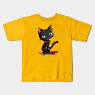 Cute Black Cat on a Skateboard Kids T-Shirt